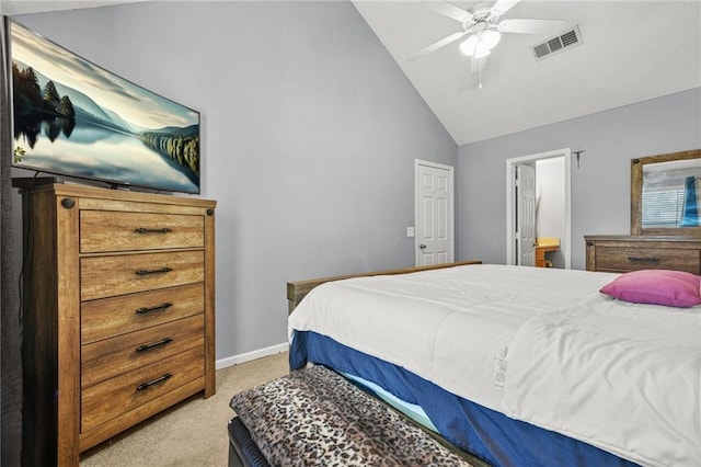 30 Creek Bottom Dr, Covington, GA 30014 - bedroom with light colored carpet, high vaulted ceiling, a ceiling fan, and connected bathroom