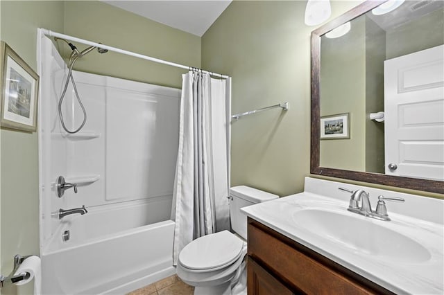 bathroom with shower / bath combo, toilet, tile patterned flooring, and vanity