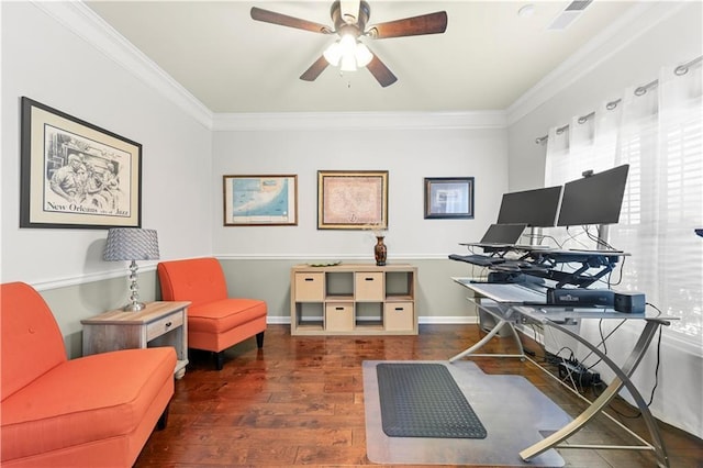 office area featuring visible vents, ornamental molding, ceiling fan, and wood finished floors