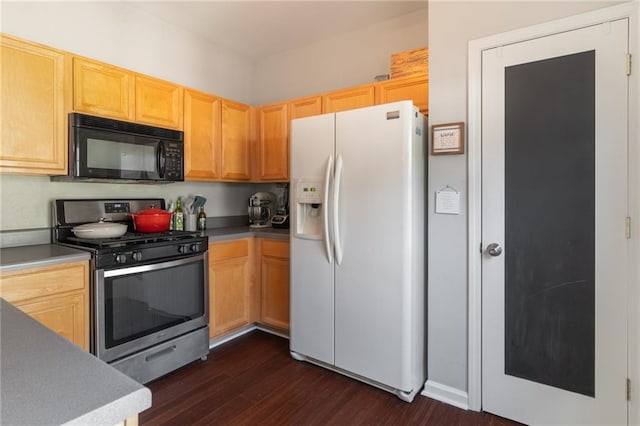 6004 Turfway Park Ct, Sugar Hill, GA 30518 - kitchen with black microwave, white refrigerator with ice dispenser, stainless steel gas stove, dark wood finished floors, and light brown cabinets