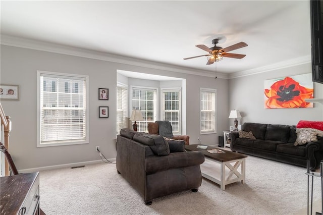 6004 Turfway Park Ct, Sugar Hill, GA 30518 - living area featuring light carpet, a ceiling fan, ornamental molding, and baseboards