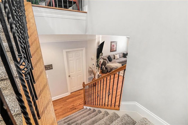 stairway with hardwood / wood-style floors