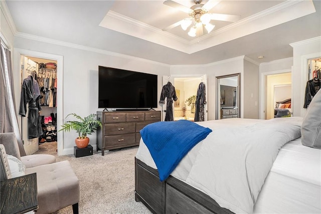 carpeted bedroom with ornamental molding, a raised ceiling, ceiling fan, a spacious closet, and a closet