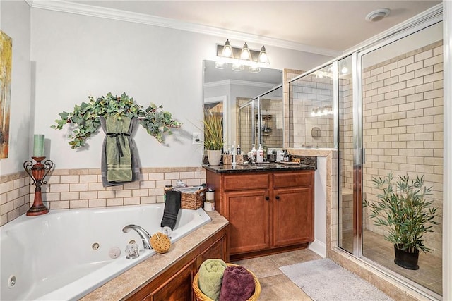 bathroom with vanity, tile patterned floors, crown molding, and separate shower and tub