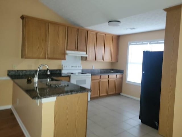 kitchen with sink, white electric range, black fridge, kitchen peninsula, and dark stone counters