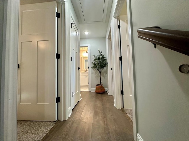 corridor featuring dark wood-type flooring