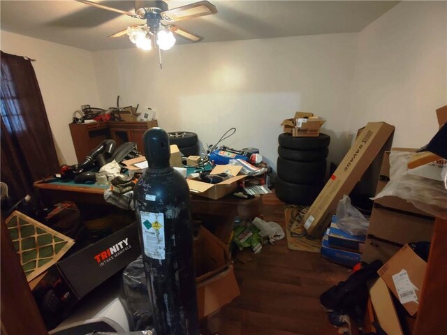 office area with dark hardwood / wood-style floors and ceiling fan