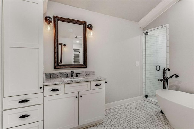 bathroom with vanity, plus walk in shower, and vaulted ceiling