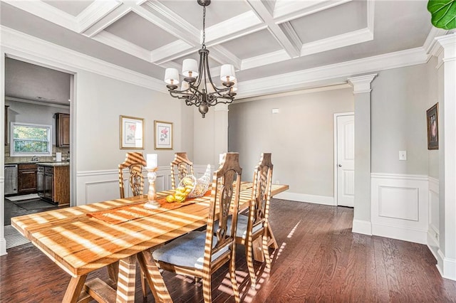 dining room featuring dark hardwood / wood-style flooring, ornate columns, coffered ceiling, beamed ceiling, and ornamental molding