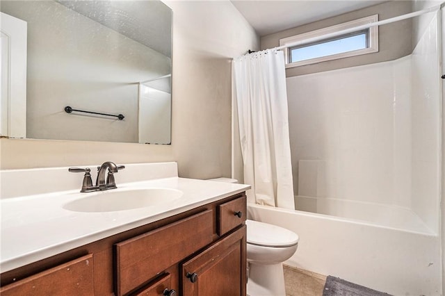 full bathroom with vanity, shower / bath combination with curtain, toilet, and tile patterned flooring