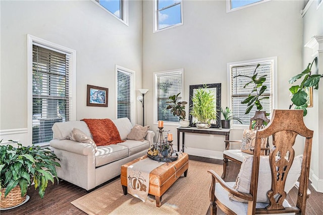 living room with a towering ceiling and dark hardwood / wood-style flooring