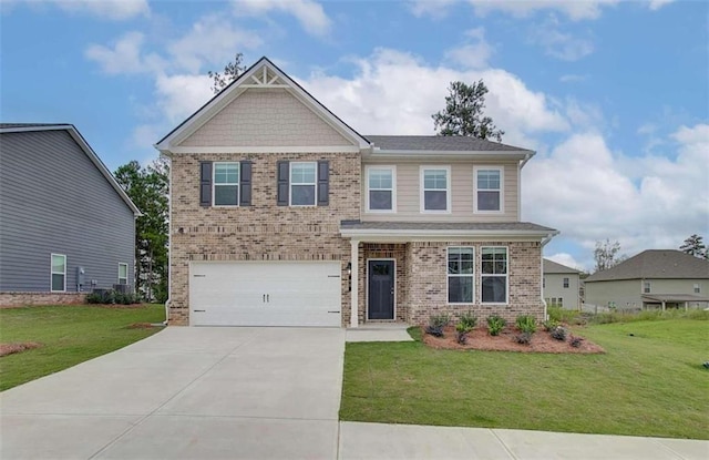 craftsman inspired home with a garage and a front lawn