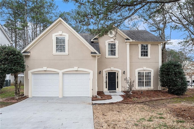 view of front of house with stucco siding, concrete driveway, central AC, and a shingled roof