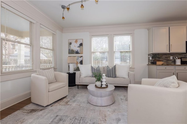 living room featuring light wood-style flooring, baseboards, and ornamental molding