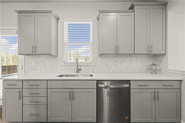 kitchen featuring tasteful backsplash, sink, gray cabinets, and stainless steel dishwasher