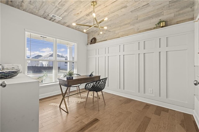 home office featuring hardwood / wood-style floors, wood ceiling, and a notable chandelier