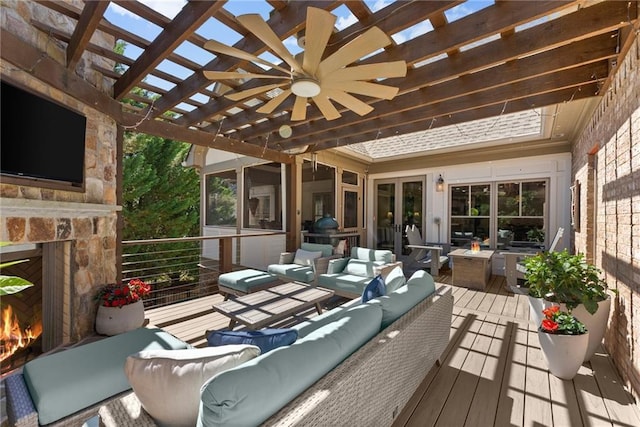 1539 Berkeley Ct, Gainesville, GA 30501 - wooden deck featuring an outdoor living space with a fireplace, a pergola, a ceiling fan, and french doors
