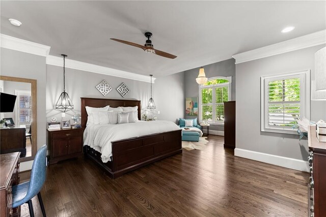 1539 Berkeley Ct, Gainesville, GA 30501 - bedroom featuring ornamental molding, multiple windows, dark wood-type flooring, baseboards, and ceiling fan