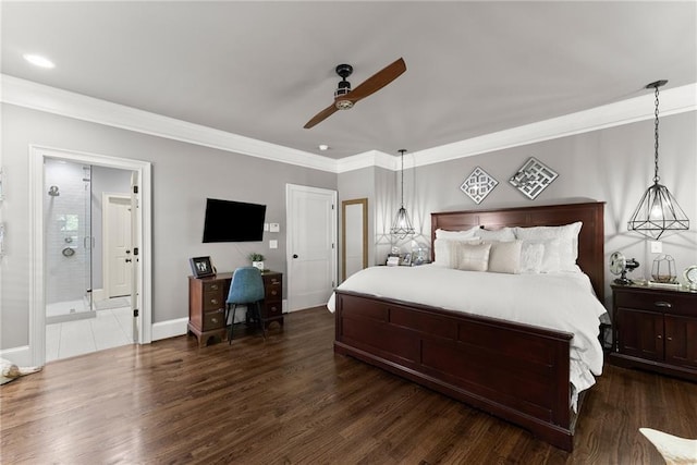 1539 Berkeley Ct, Gainesville, GA 30501 - bedroom with crown molding, dark wood-style floors, connected bathroom, baseboards, and a ceiling fan
