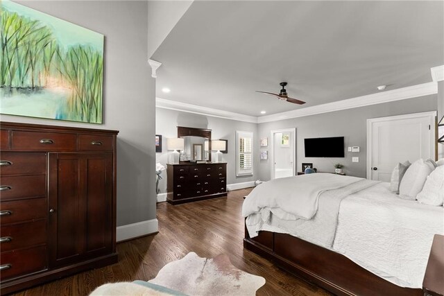 1539 Berkeley Ct, Gainesville, GA 30501 - bedroom with ornamental molding, baseboards, dark wood-type flooring, recessed lighting, and a ceiling fan