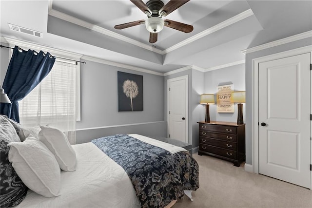 1539 Berkeley Ct, Gainesville, GA 30501 - bedroom with light carpet, crown molding, a ceiling fan, and a tray ceiling