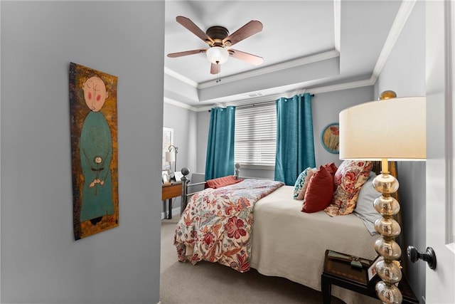 1539 Berkeley Ct, Gainesville, GA 30501 - bedroom featuring a tray ceiling, crown molding, carpet floors, and ceiling fan