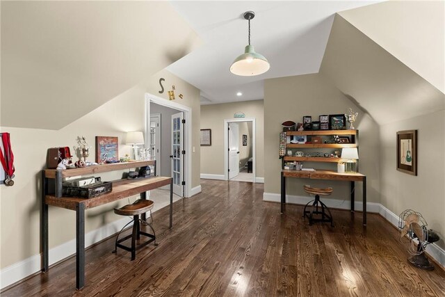 1539 Berkeley Ct, Gainesville, GA 30501 - office featuring wood finished floors, baseboards, and vaulted ceiling