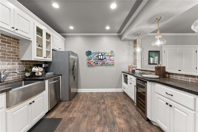 1539 Berkeley Ct, Gainesville, GA 30501 - kitchen featuring beverage cooler, appliances with stainless steel finishes, dark countertops, a sink, and decorative backsplash