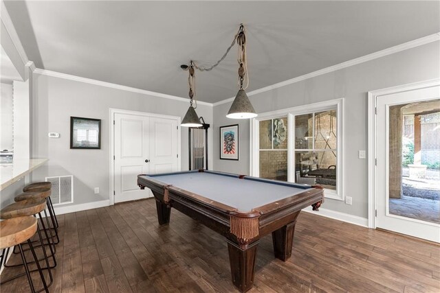 1539 Berkeley Ct, Gainesville, GA 30501 - playroom featuring baseboards, ornamental molding, dark wood finished floors, and billiards