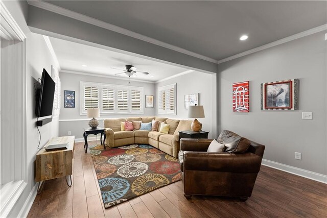 1539 Berkeley Ct, Gainesville, GA 30501 - living room featuring dark wood-type flooring, recessed lighting, ceiling fan, baseboards, and crown molding