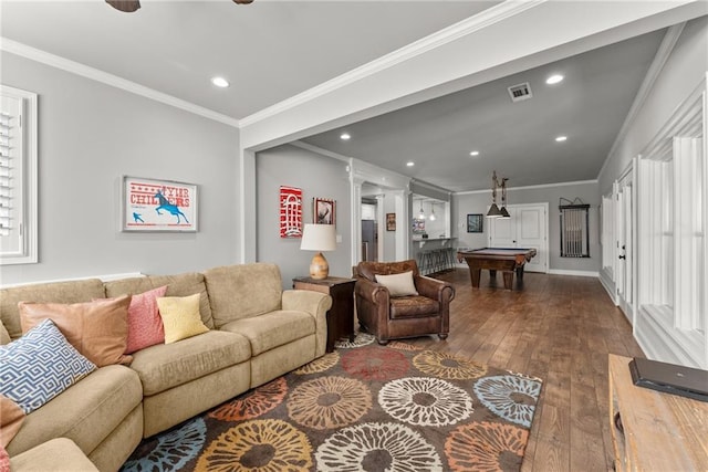 1539 Berkeley Ct, Gainesville, GA 30501 - living area featuring dark wood finished floors, pool table, recessed lighting, ornamental molding, and baseboards