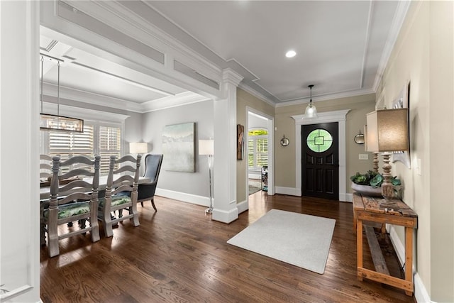 1539 Berkeley Ct, Gainesville, GA 30501 - foyer featuring baseboards, wood finished floors, ornamental molding, a chandelier, and recessed lighting