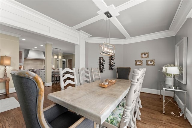 1539 Berkeley Ct, Gainesville, GA 30501 - dining space featuring coffered ceiling, ornamental molding, wood finished floors, baseboards, and a chandelier