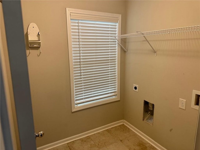 laundry room featuring laundry area, light tile patterned floors, baseboards, hookup for an electric dryer, and washer hookup