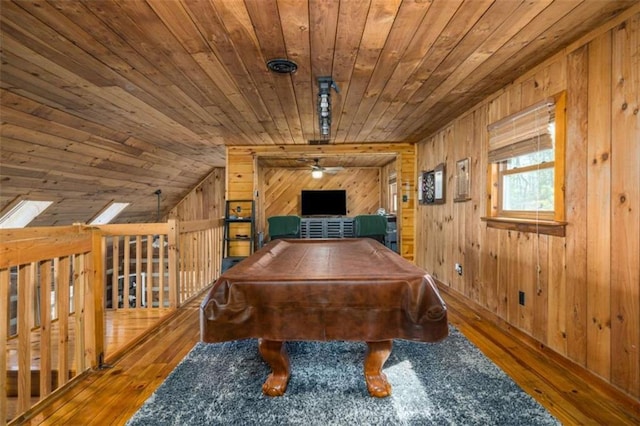 193 Alm Ln, Ellijay, GA 30540 - playroom featuring wood ceiling, hardwood / wood-style flooring, wooden walls, pool table, and vaulted ceiling