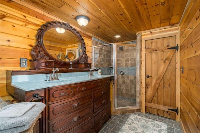 193 Alm Ln, Ellijay, GA 30540 - full bathroom featuring wood ceiling, wood walls, double vanity, a stall shower, and tile patterned flooring