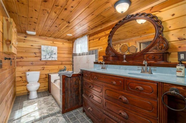 193 Alm Ln, Ellijay, GA 30540 - bathroom featuring wooden walls, toilet, wooden ceiling, tile patterned flooring, and double vanity