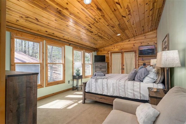 193 Alm Ln, Ellijay, GA 30540 - carpeted bedroom featuring vaulted ceiling, wooden ceiling, wood walls, and baseboards