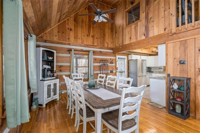 193 Alm Ln, Ellijay, GA 30540 - dining area with wood walls, wood ceiling, light wood finished floors, a ceiling fan, and high vaulted ceiling