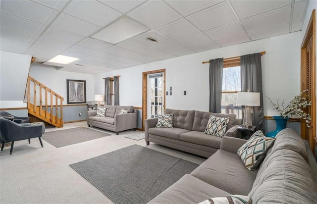 193 Alm Ln, Ellijay, GA 30540 - living area with stairway, carpet floors, and a paneled ceiling