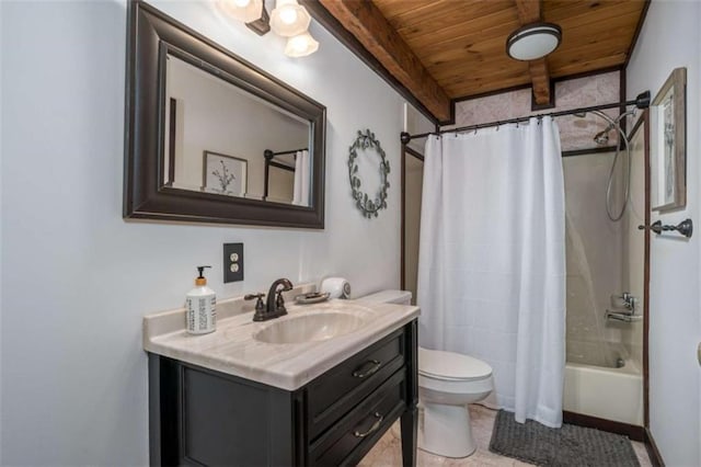 193 Alm Ln, Ellijay, GA 30540 - bathroom with wooden ceiling with exposed beams, toilet, vanity, and shower / bathtub combination with curtain