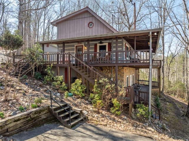 193 Alm Ln, Ellijay, GA 30540 - chalet / cabin featuring stairs, a ceiling fan, and a wooden deck