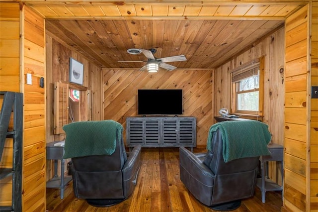 193 Alm Ln, Ellijay, GA 30540 - living area featuring wood ceiling, wooden walls, ceiling fan, and hardwood / wood-style flooring