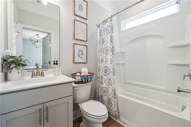 2860 Windsor Knoll Dr, Dacula, GA 30019 - bathroom featuring vanity, crown molding, shower / tub combo, and wood finished floors