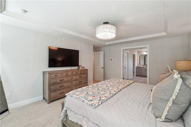 2860 Windsor Knoll Dr, Dacula, GA 30019 - bedroom featuring a tray ceiling, light carpet, ornamental molding, a chandelier, and ensuite bath