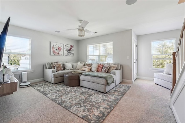 2860 Windsor Knoll Dr, Dacula, GA 30019 - living room with light carpet and ceiling fan