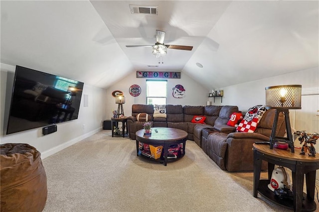 2860 Windsor Knoll Dr, Dacula, GA 30019 - living area featuring carpet flooring, lofted ceiling, and a ceiling fan