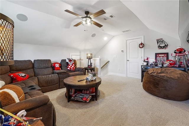 2860 Windsor Knoll Dr, Dacula, GA 30019 - living area featuring ceiling fan, vaulted ceiling, and carpet floors