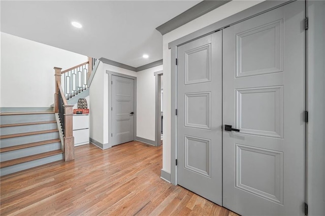 2357 Lynn Iris Dr, Decatur, GA 30032 - hall with stairs, light wood-style floors, baseboards, and recessed lighting