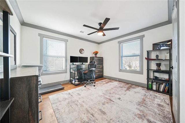 2357 Lynn Iris Dr, Decatur, GA 30032 - office area with crown molding, baseboards, visible vents, ceiling fan, and wood finished floors